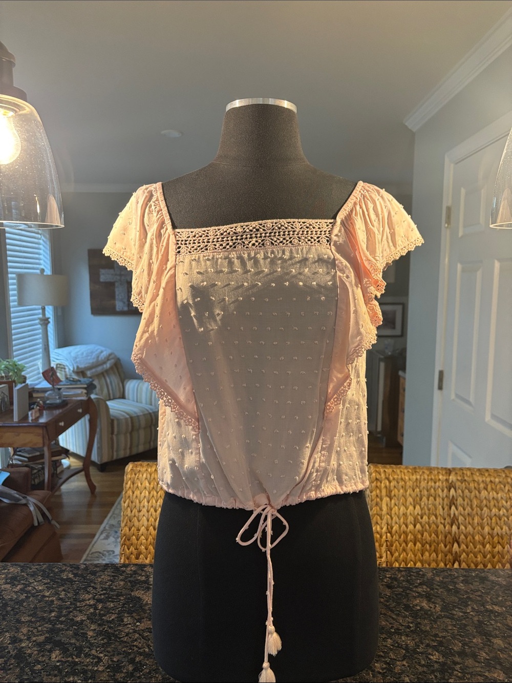 Altar'd State Blush Pink Swiss Dot Lace-Trim Peasant Top